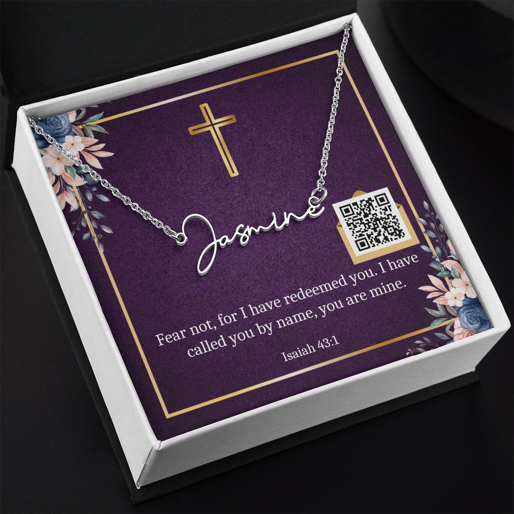 Signiture Style Name Necklace with Bible Verse Card & QR Code for Hidden Mother's Day E-Card