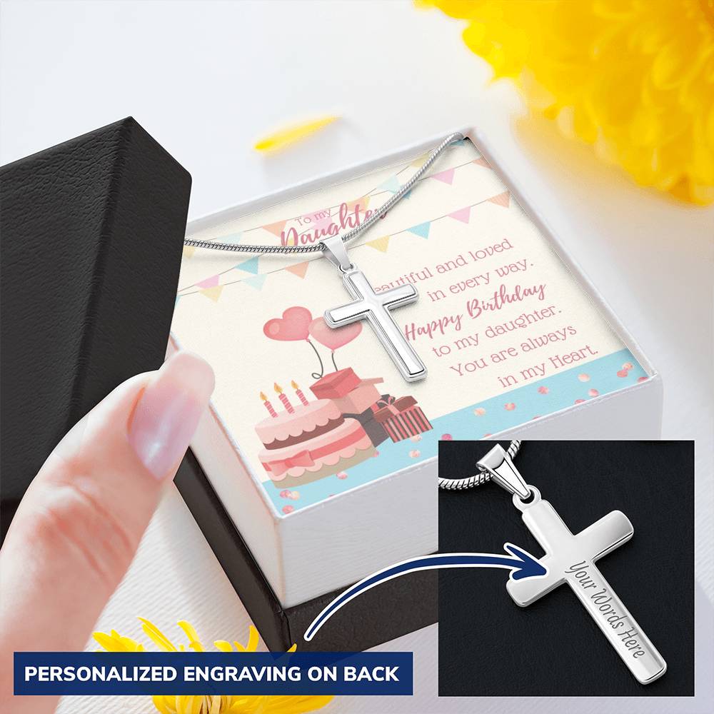 To My Daughter - Personalized Cross Necklace with Birthday Message Card