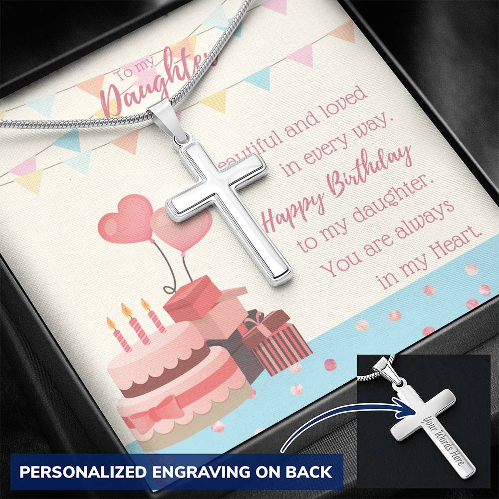 To My Daughter - Personalized Cross Necklace with Birthday Message Card