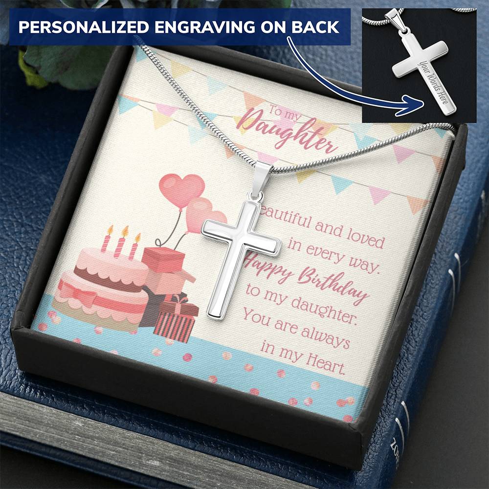 To My Daughter - Personalized Cross Necklace with Birthday Message Card