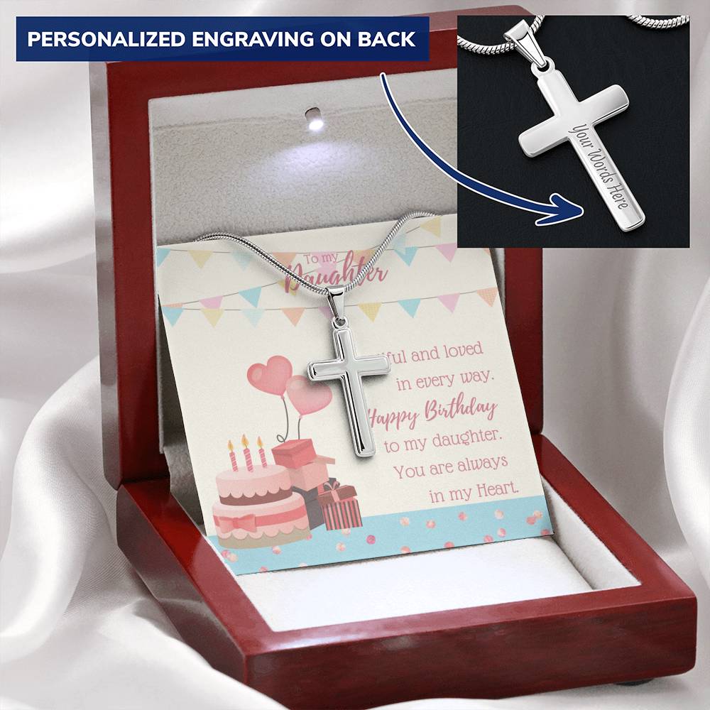 To My Daughter - Personalized Cross Necklace with Birthday Message Card