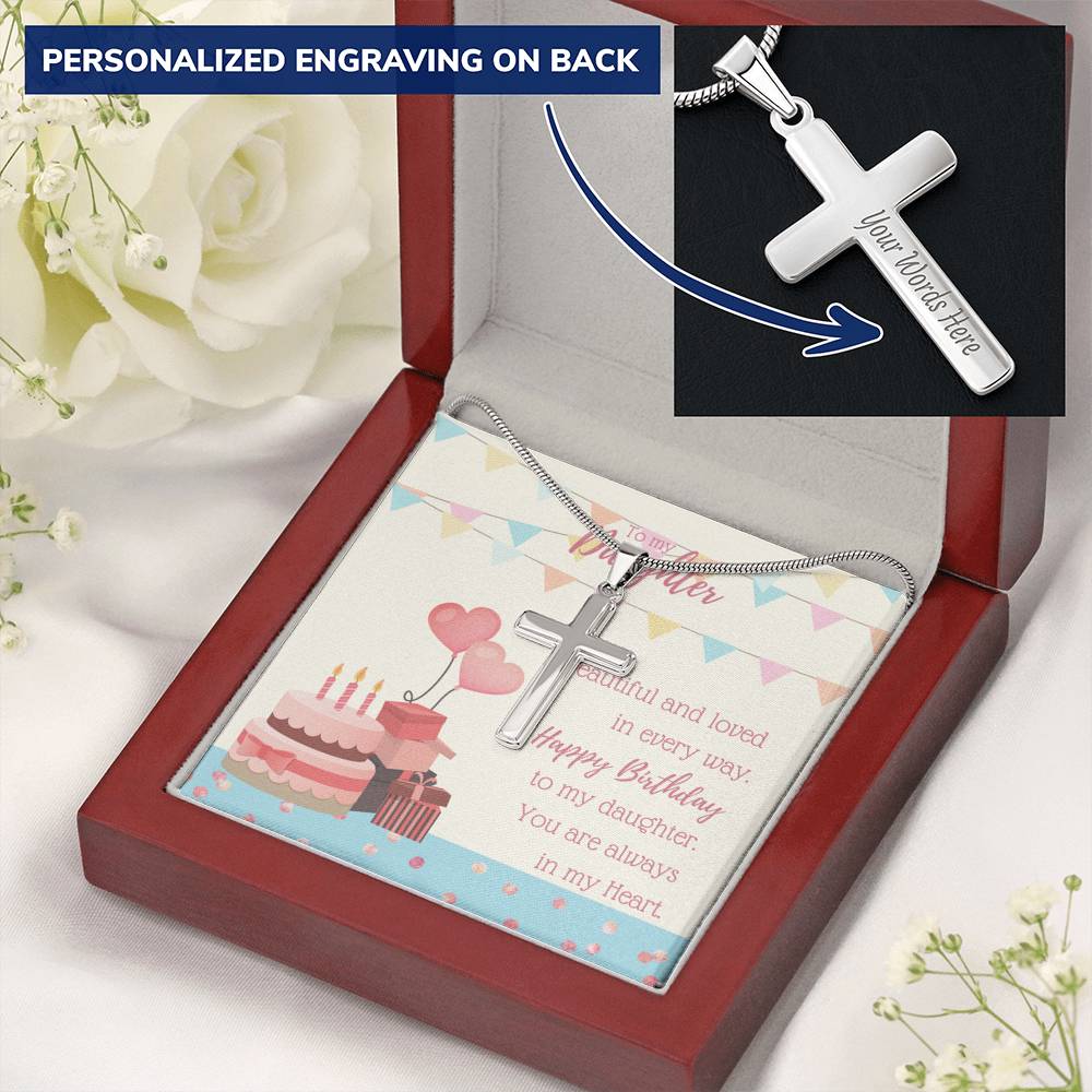 To My Daughter - Personalized Cross Necklace with Birthday Message Card