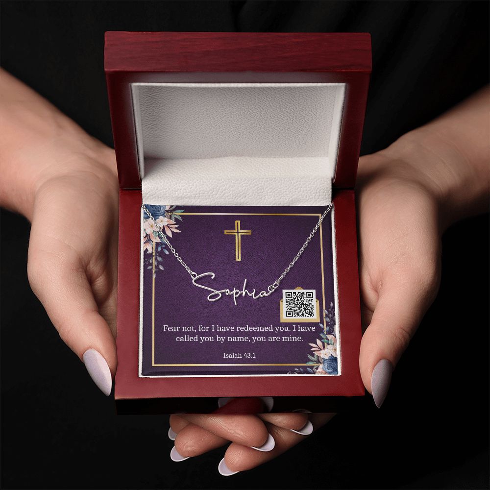 Signiture Style Name Necklace with Bible Verse Card & QR Code for Hidden Mother's Day E-Card