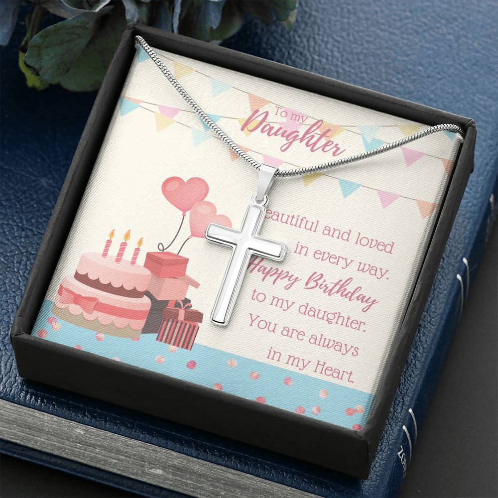 To My Daughter - Cross Necklace with A Birthday Message Card