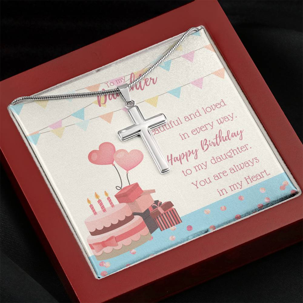 To My Daughter - Cross Necklace with A Birthday Message Card